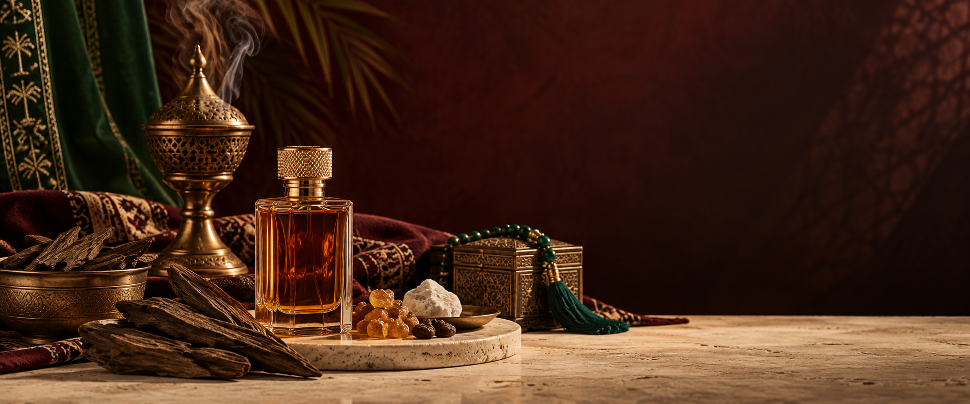 تكوين فني يجمع العطر والعود والبخور والنسيج الشرقي